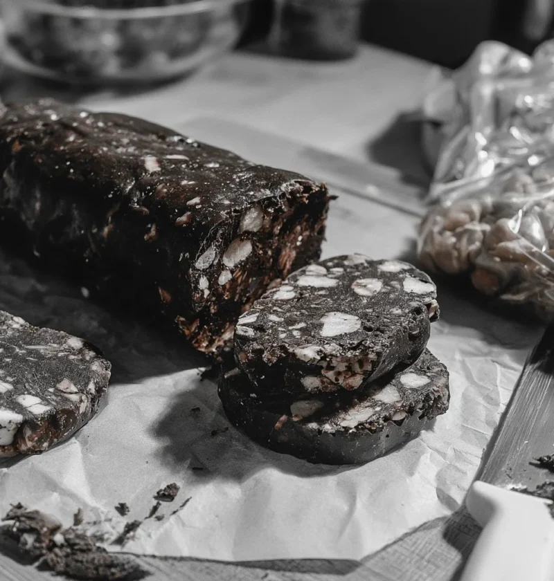 Salame di cioccolato tagliato a fette su un piatto