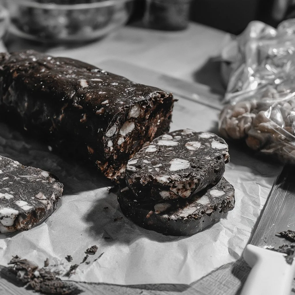 Salame di cioccolato tagliato a fette su un piatto