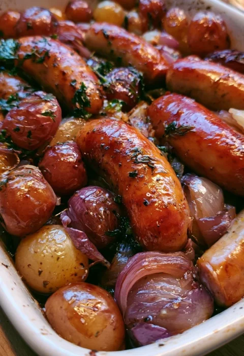 Salsiccia al forno con uva e cipolle rosse, piatto delizioso e saporito