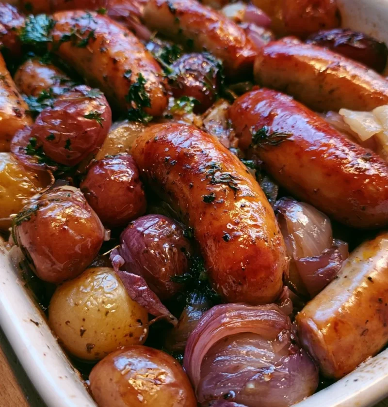 Salsiccia al forno con uva e cipolle rosse, piatto delizioso e saporito