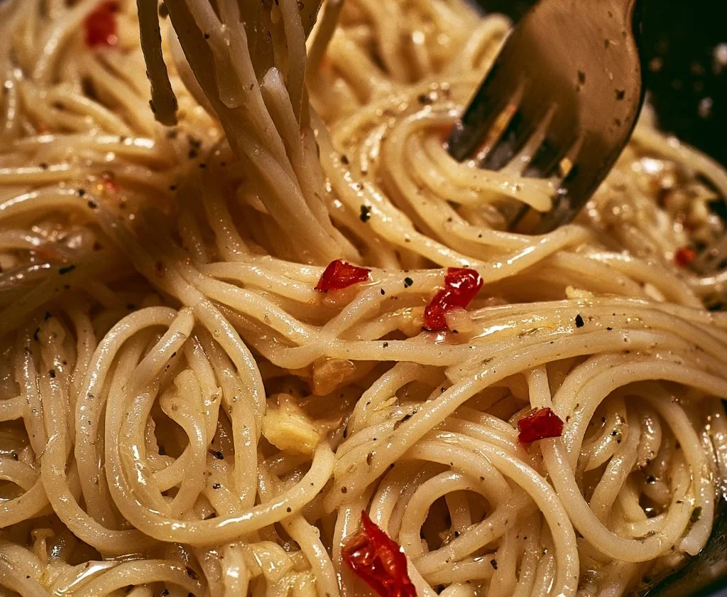 Piatto di spaghetti aglio olio e peperoncino con peperoncini freschi