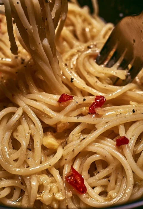 Piatto di spaghetti aglio olio e peperoncino con peperoncini freschi