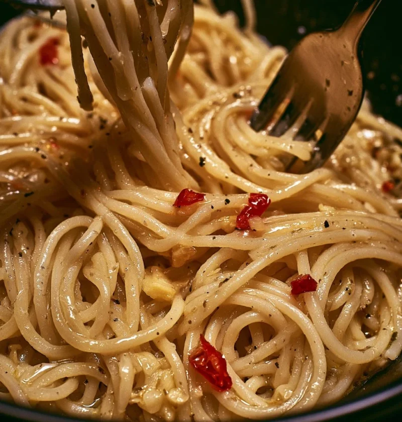 Piatto di spaghetti aglio olio e peperoncino con peperoncini freschi