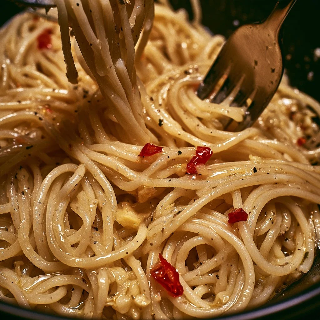 Piatto di spaghetti aglio olio e peperoncino con peperoncini freschi