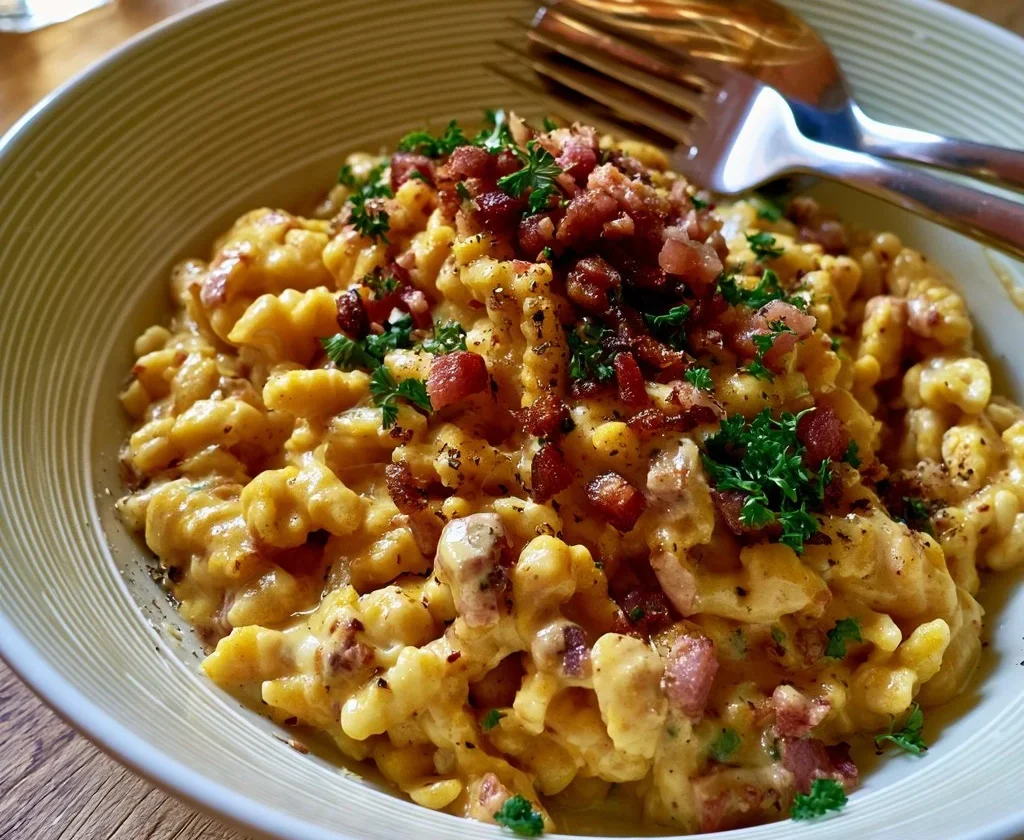 Spätzle di zucca con speck serviti in un piatto decorativo