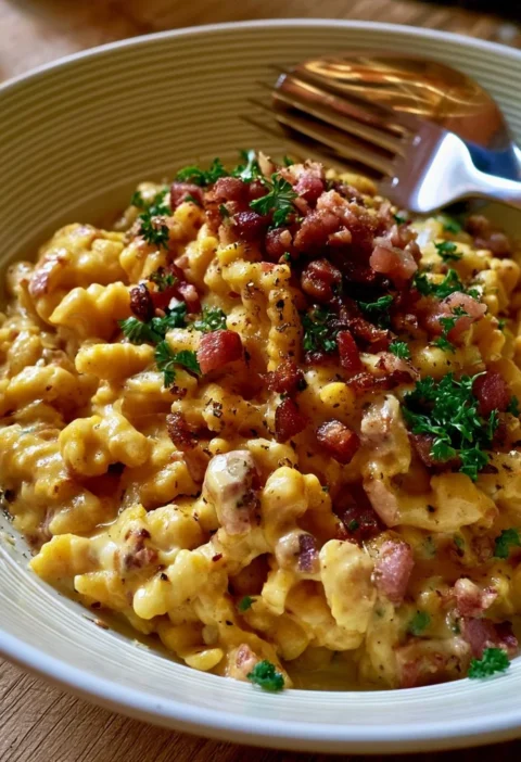 Spätzle di zucca con speck serviti in un piatto decorativo