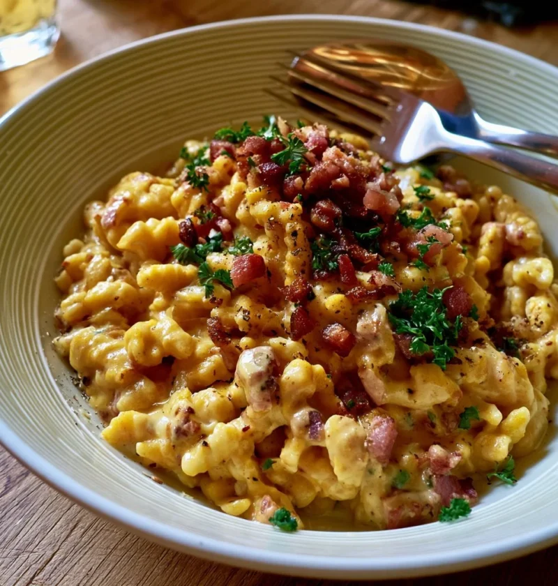 Spätzle di zucca con speck serviti in un piatto decorativo