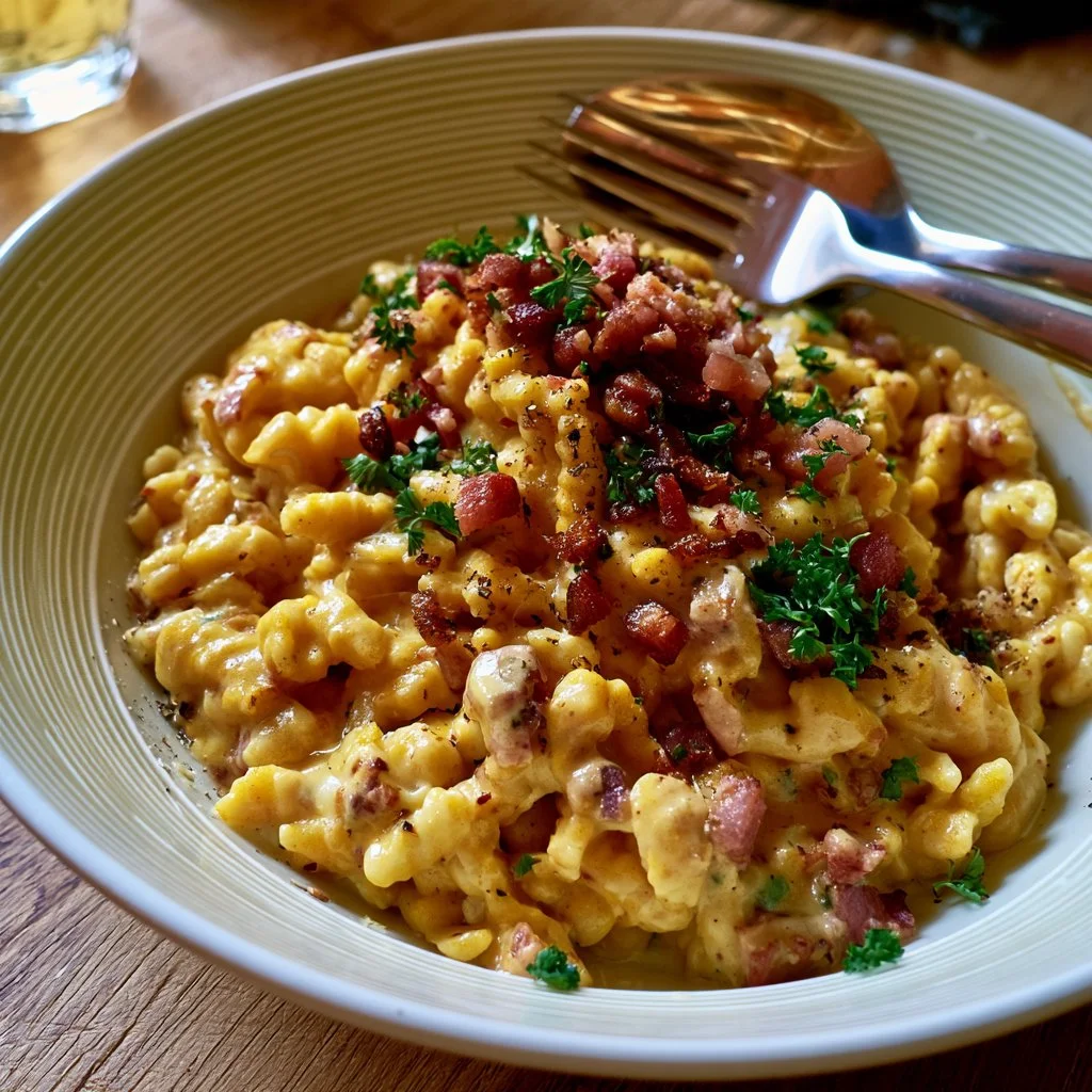 Spätzle di zucca con speck serviti in un piatto decorativo