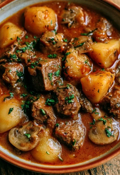 Spezzatino di manzo con patate e funghi, ricetta tradizionale italiana