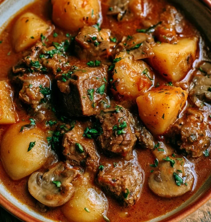 Spezzatino di manzo con patate e funghi, ricetta tradizionale italiana