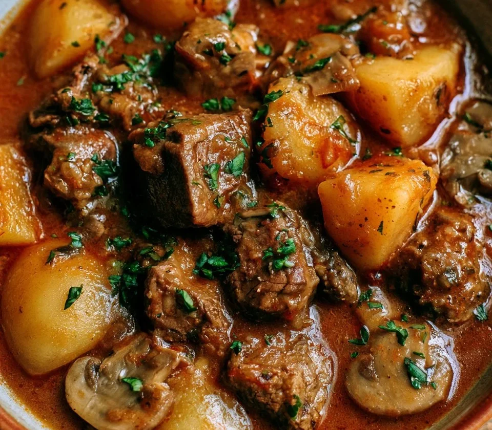 Spezzatino di manzo con patate e funghi, ricetta tradizionale italiana