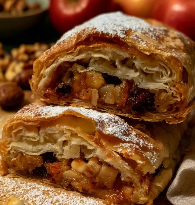 Strudel di mele con uvetta e pinoli, dolce tradizionale italiano