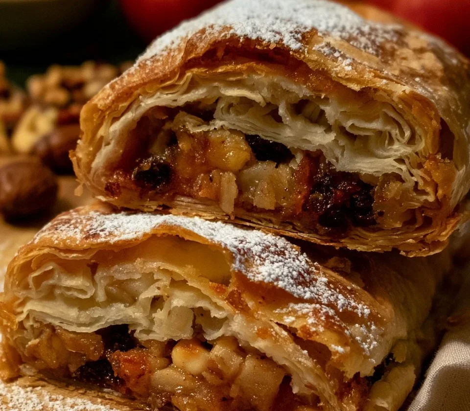 Strudel di mele con uvetta e pinoli, dolce tradizionale italiano