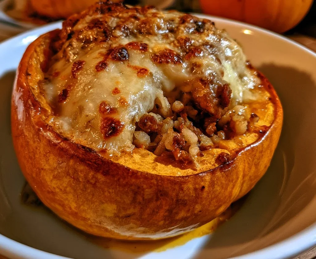 Zucca ripiena con riso, salsiccia e provola pronta da servire.