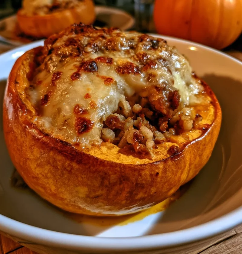 Zucca ripiena con riso, salsiccia e provola pronta da servire.