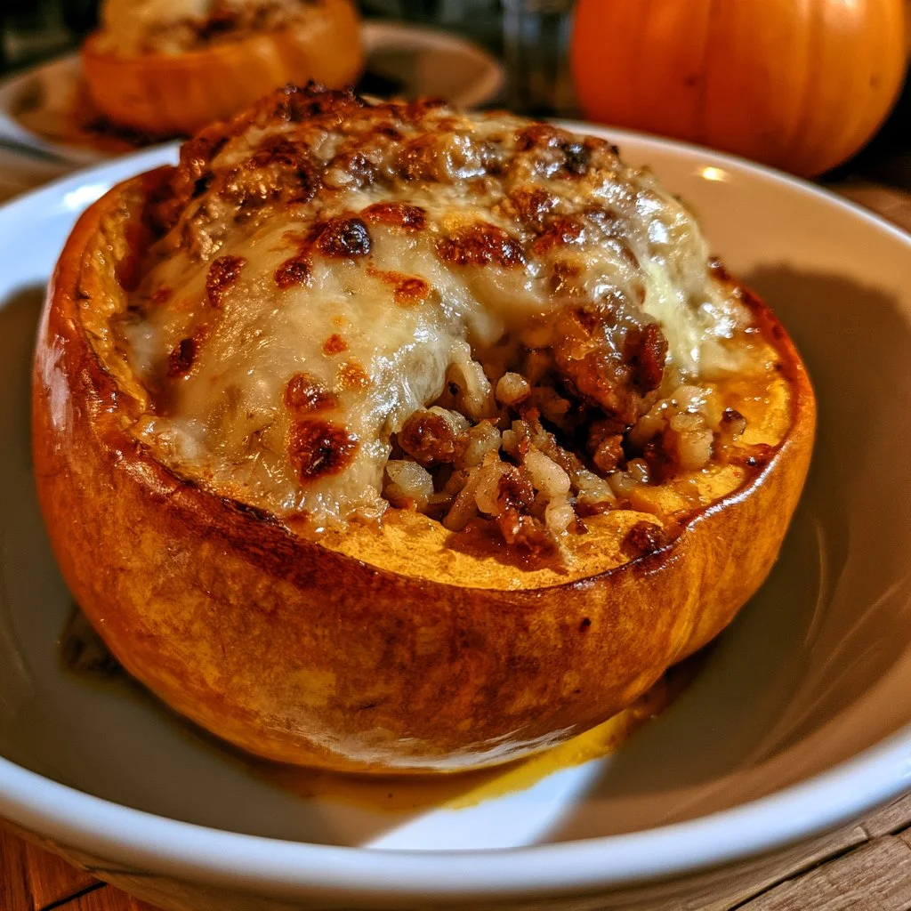 Zucca ripiena con riso, salsiccia e provola pronta da servire.