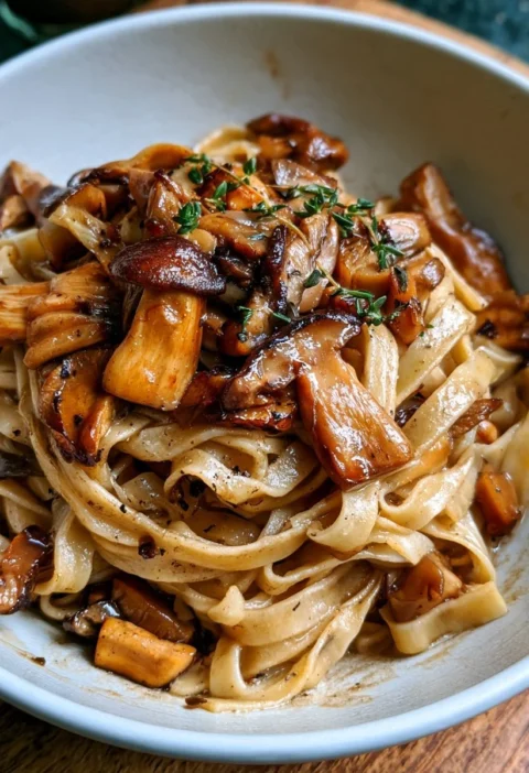 Tagliatelle ai porcini e timo servite in un piatto elegante
