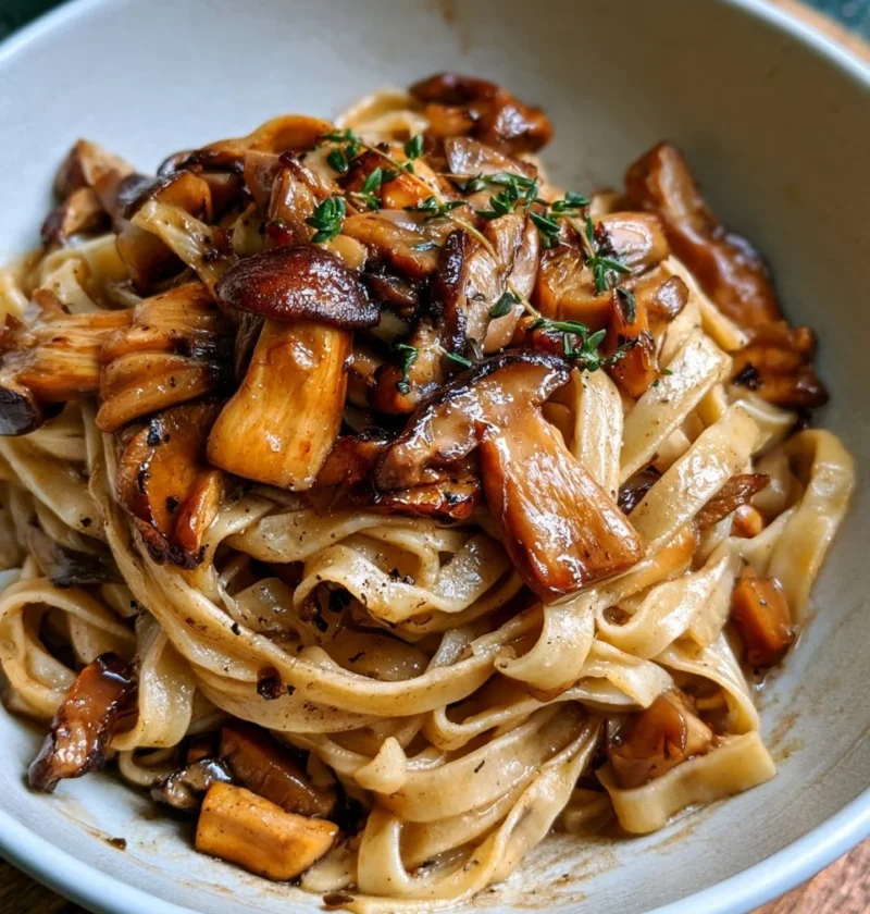 Tagliatelle ai porcini e timo servite in un piatto elegante