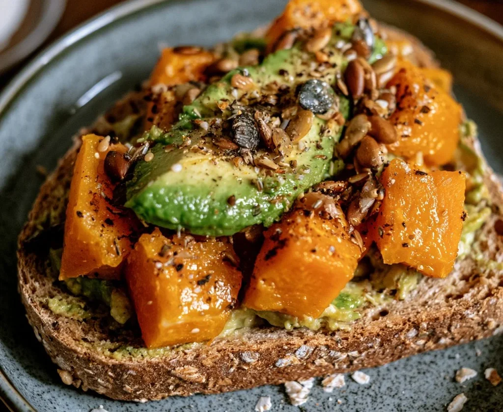Toast integrale con zucca, avocado e semi, un piatto sano e gustoso