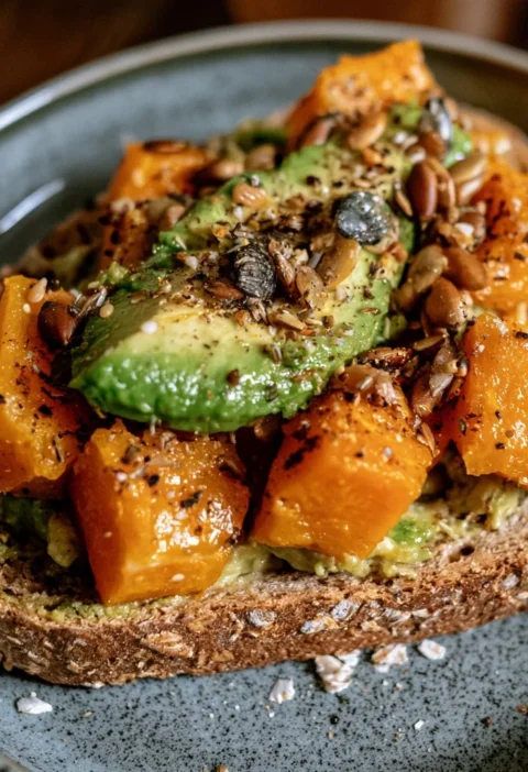 Toast integrale con zucca, avocado e semi, un piatto sano e gustoso