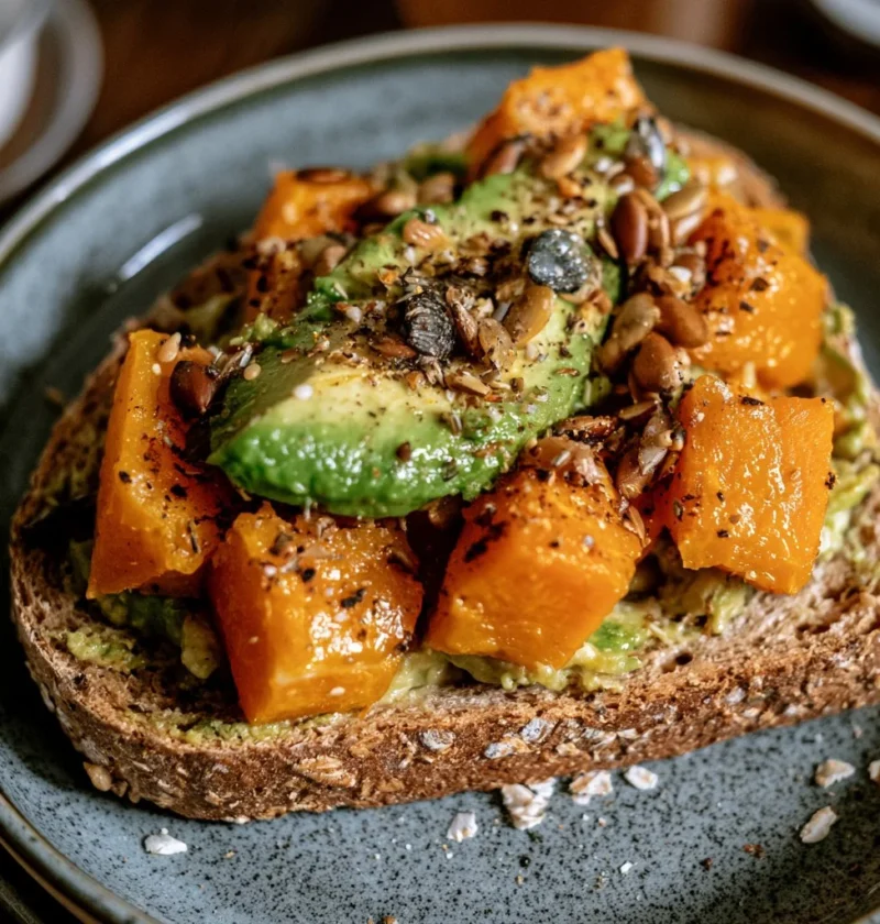 Toast integrale con zucca, avocado e semi, un piatto sano e gustoso