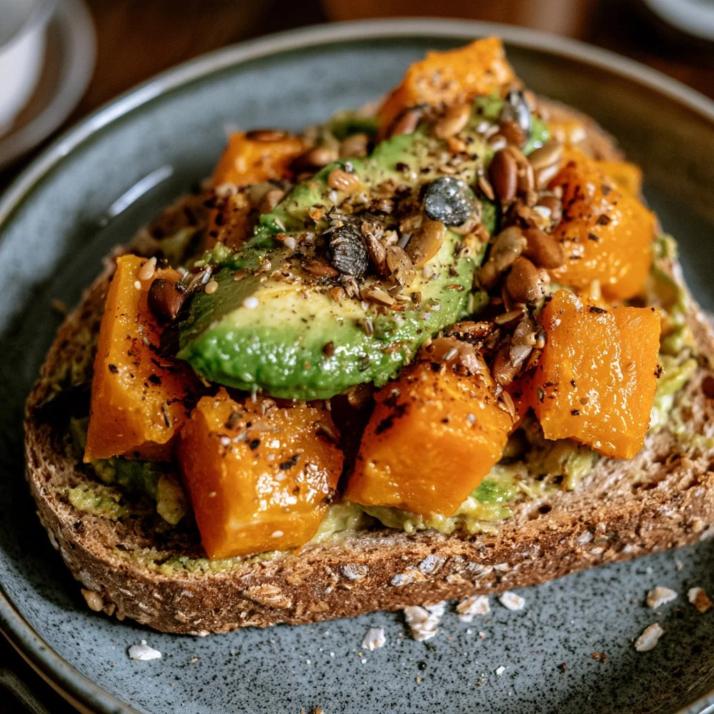 Toast integrale con zucca, avocado e semi, un piatto sano e gustoso