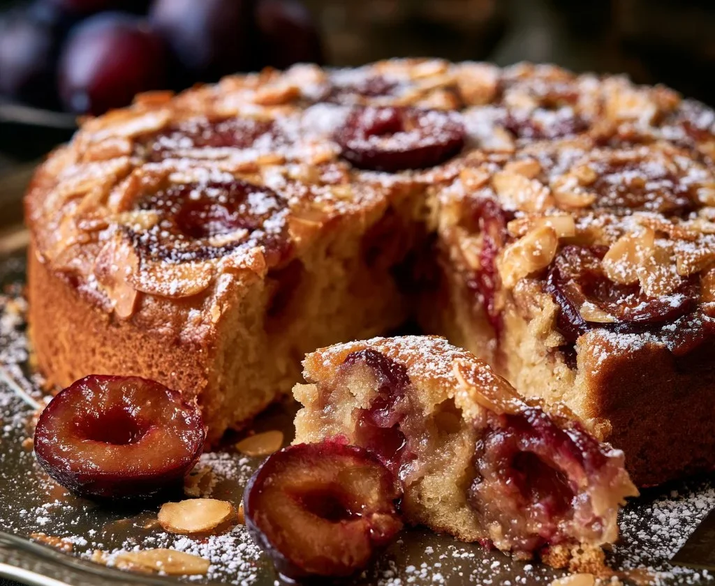 Torta di prugne e mandorle su un piatto decorato