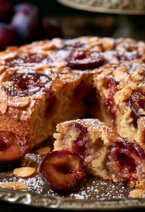 Torta di prugne e mandorle su un piatto decorato