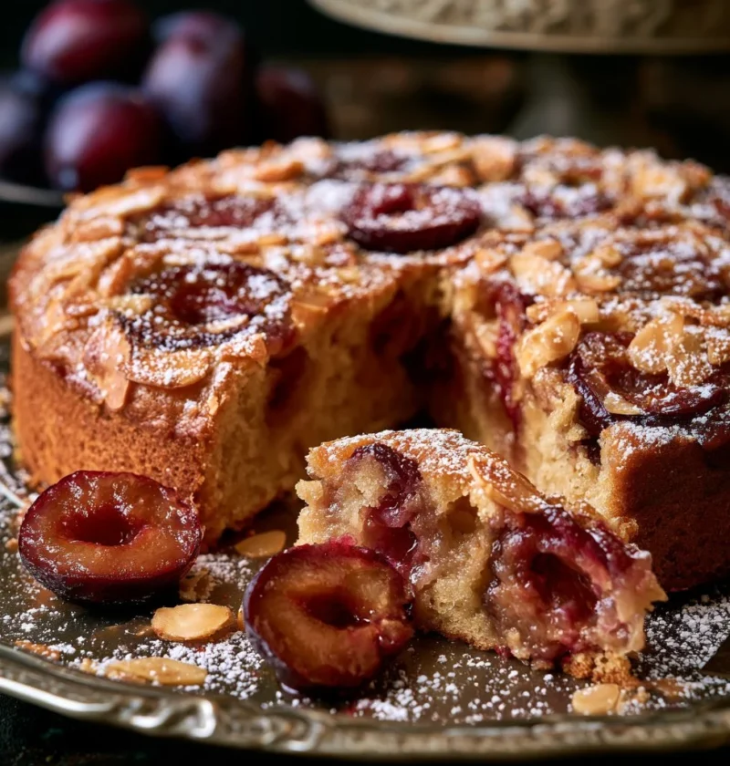 Torta di prugne e mandorle su un piatto decorato