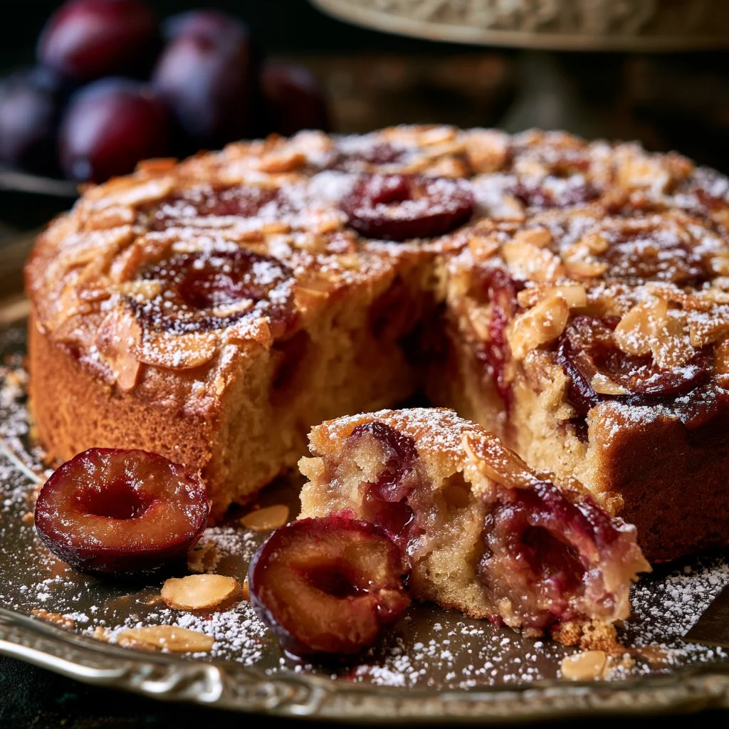 Torta di prugne e mandorle su un piatto decorato
