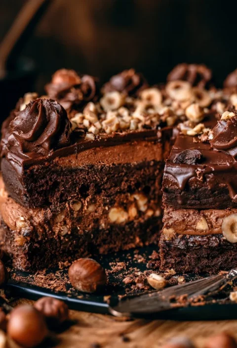 Torta nocciole e cioccolato decorata con nocciole tostate