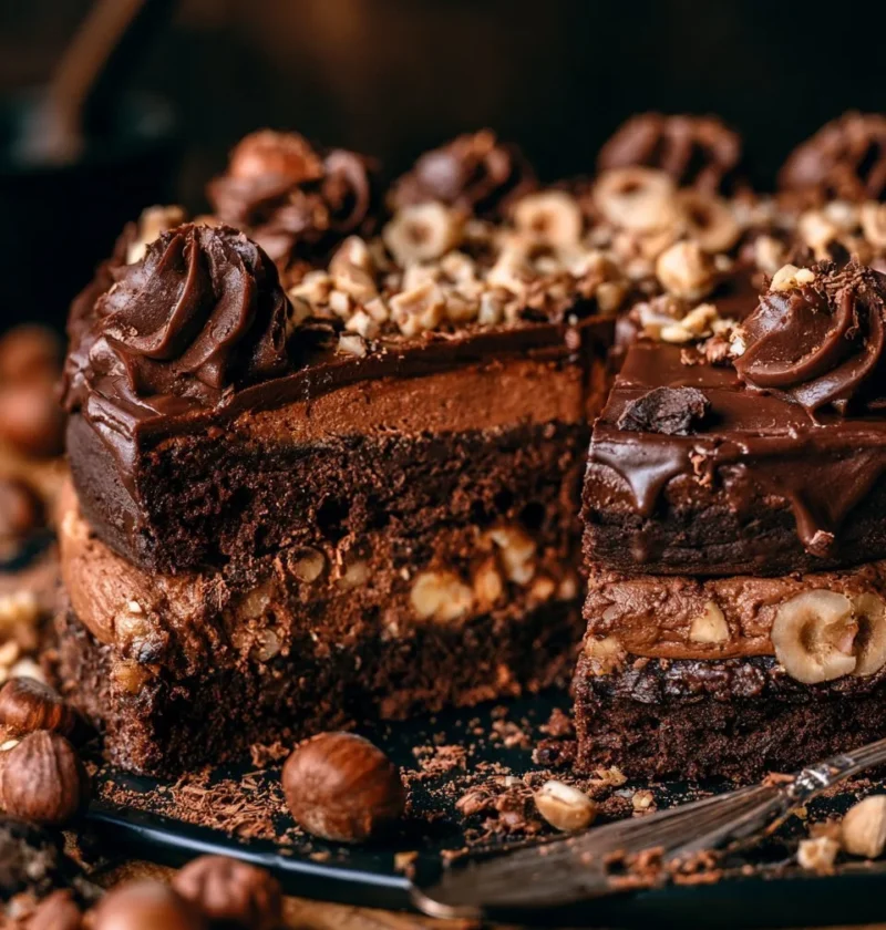 Torta nocciole e cioccolato decorata con nocciole tostate