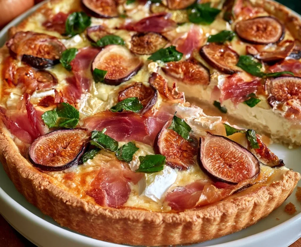 Torta salata con fichi, prosciutto e brie fresca e appetitosa