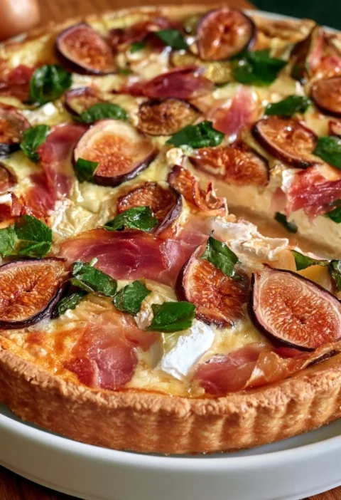 Torta salata con fichi, prosciutto e brie fresca e appetitosa