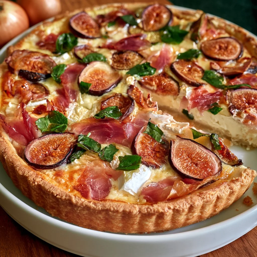 Torta salata con fichi, prosciutto e brie fresca e appetitosa