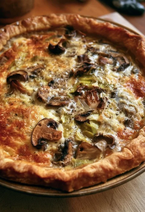 Torta salata con funghi, porri e fontina appena sfornata