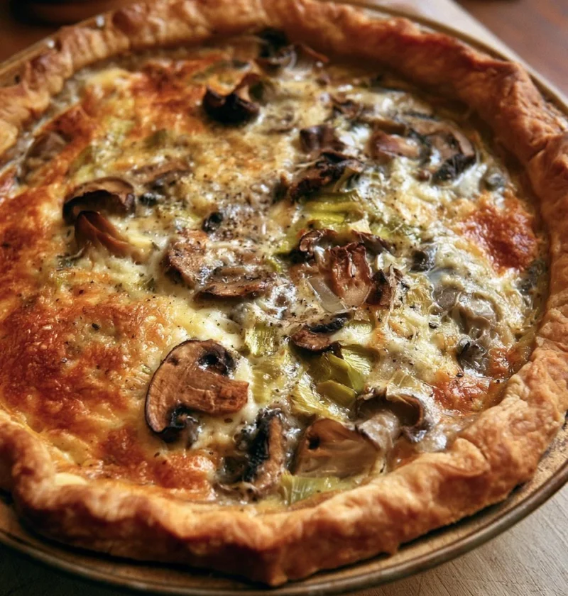 Torta salata con funghi, porri e fontina appena sfornata