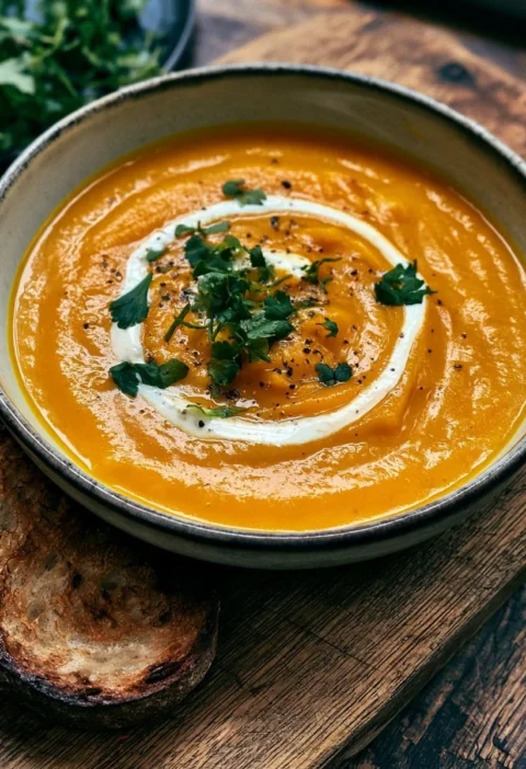 Vellutata di zucca e carote allo zenzero in una ciotola
