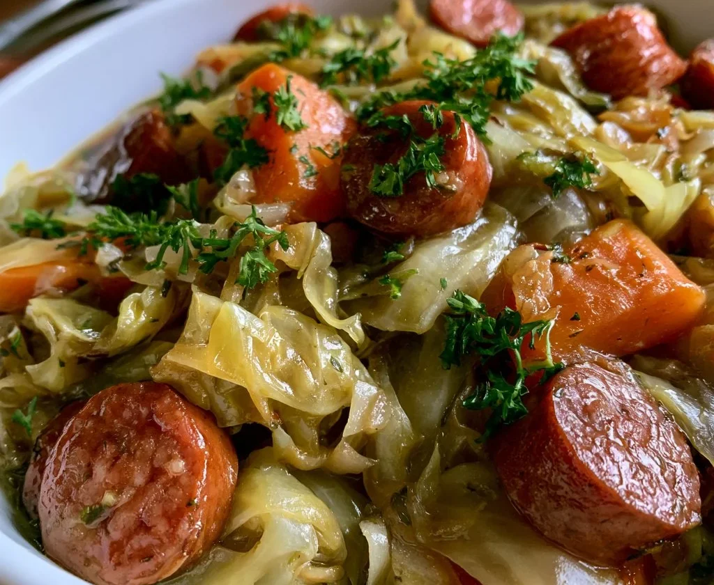 Verza stufata con salsiccia, piatto tradizionale italiano.