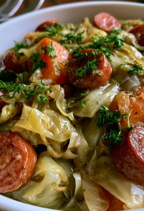 Verza stufata con salsiccia, piatto tradizionale italiano.