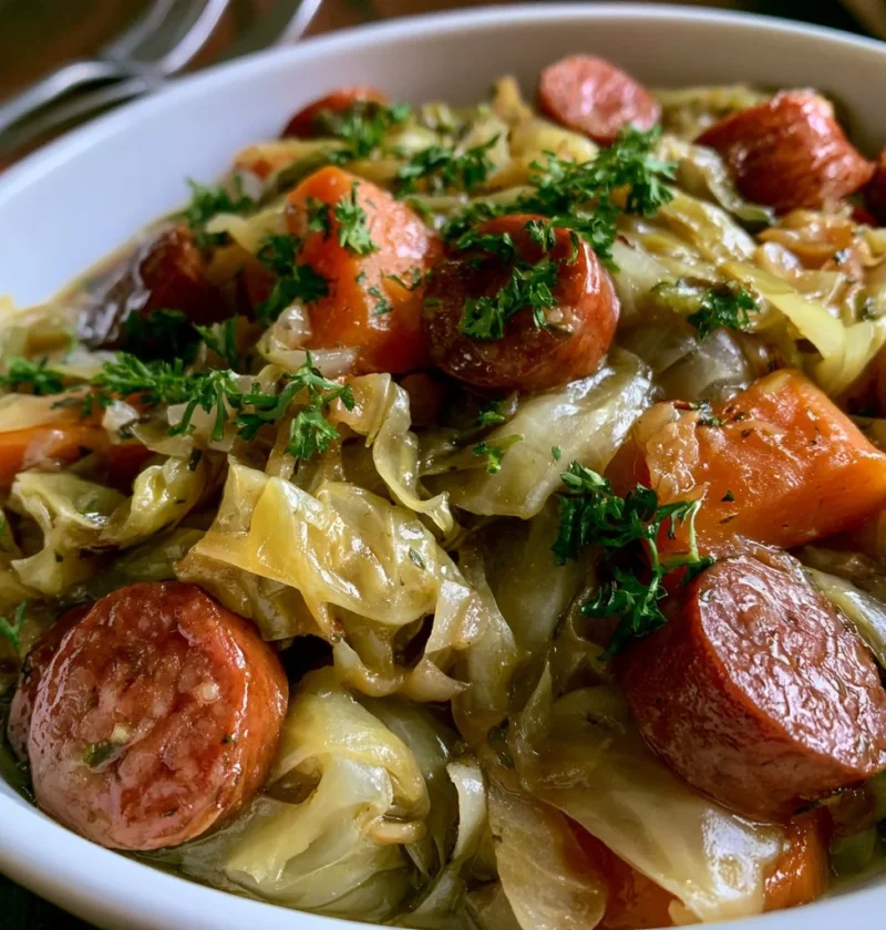 Verza stufata con salsiccia, piatto tradizionale italiano.