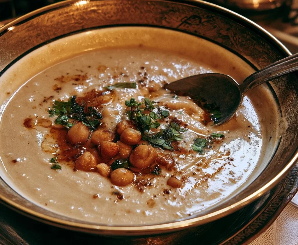 Zuppa di castagne e ceci servita in una ciotola con erbe fresche