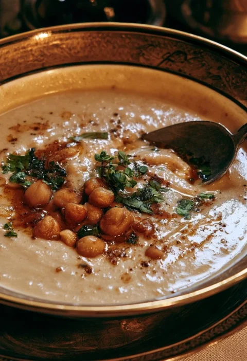 Zuppa di castagne e ceci servita in una ciotola con erbe fresche
