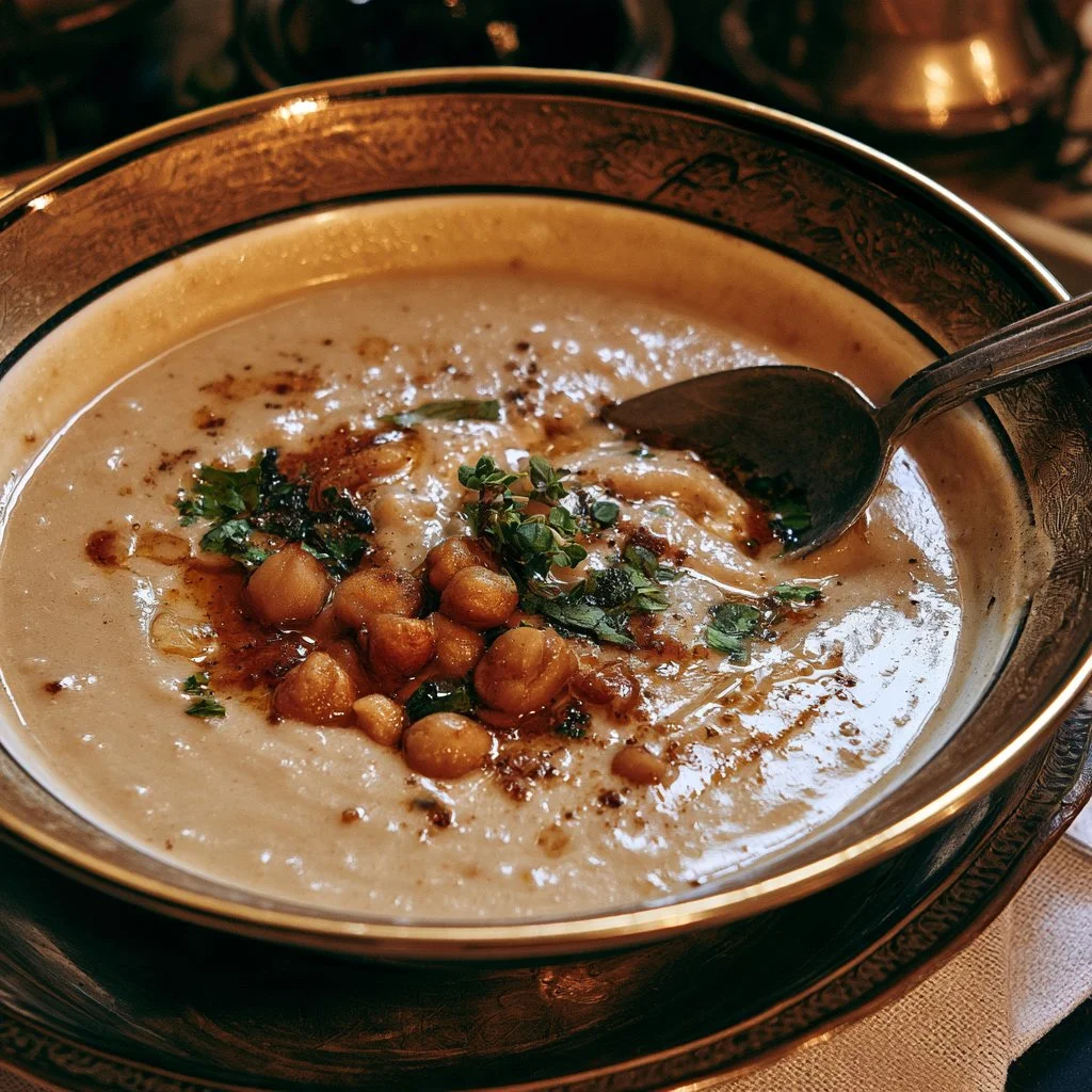 Zuppa di castagne e ceci servita in una ciotola con erbe fresche