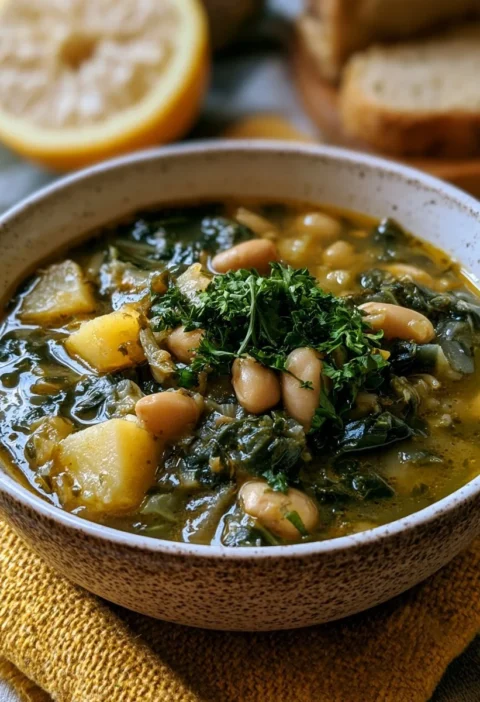 Zuppa di cavolo nero con cannellini e patate servita in una ciotola.