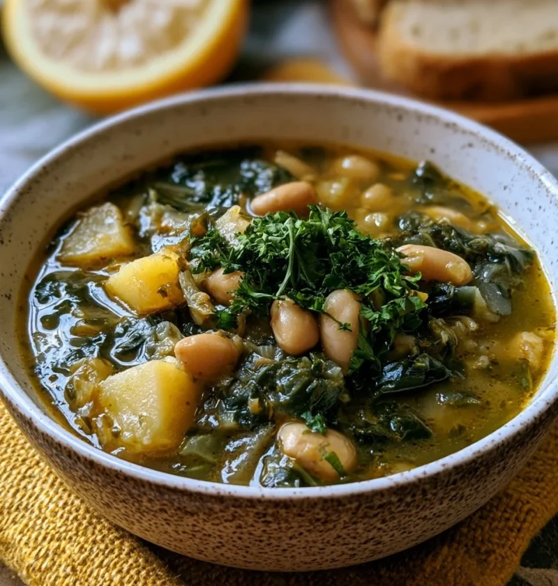 Zuppa di cavolo nero con cannellini e patate servita in una ciotola.