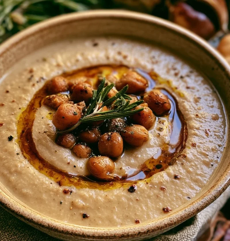 Zuppa di ceci e castagne al rosmarino servita in una ciotola