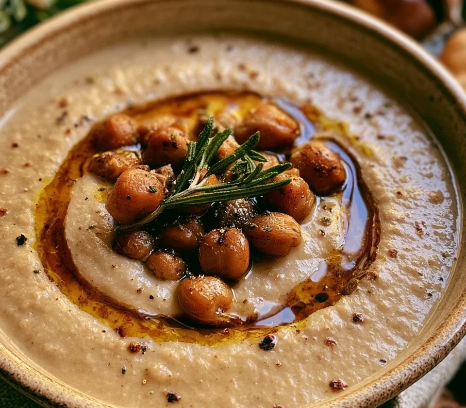 Zuppa di ceci e castagne al rosmarino servita in una ciotola