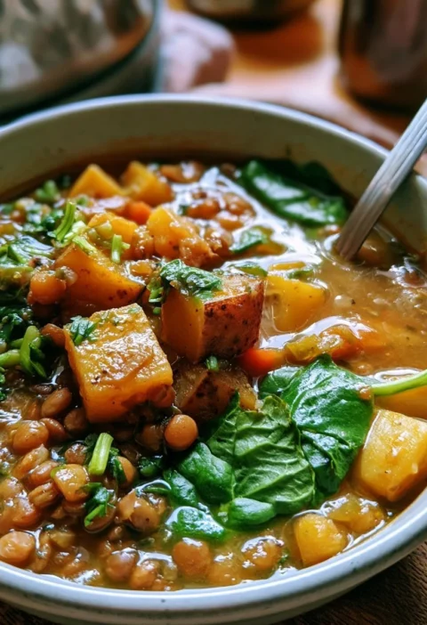 Zuppa di lenticchie con patate e spinaci fumante in una ciotola