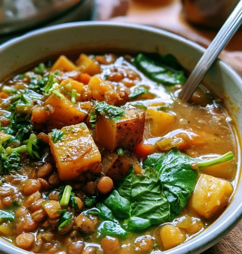 Zuppa di lenticchie con patate e spinaci fumante in una ciotola